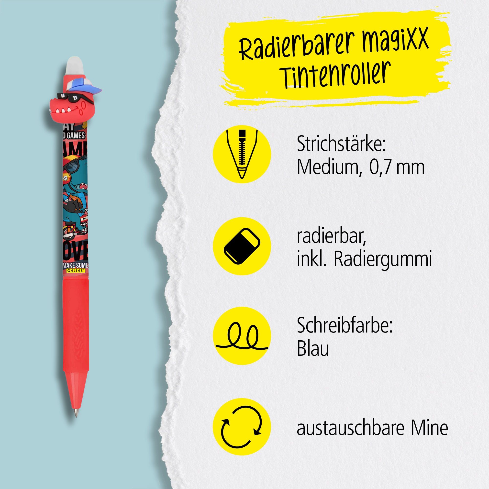 Eine austauschbare Mine und radierbare Tinte in der Schreibfarbe Blau zeichnet unsere magiXX aus