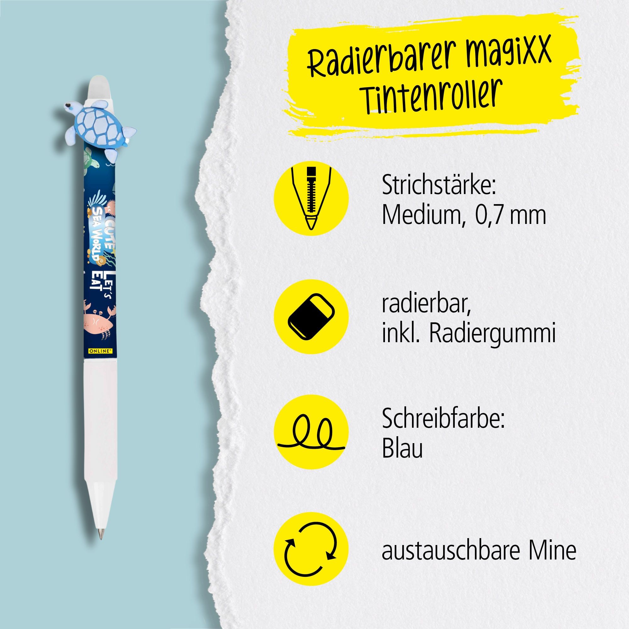 Eine austauschbare Mine und radierbare Tinte in der Schreibfarbe Blau zeichnet unsere magiXX aus