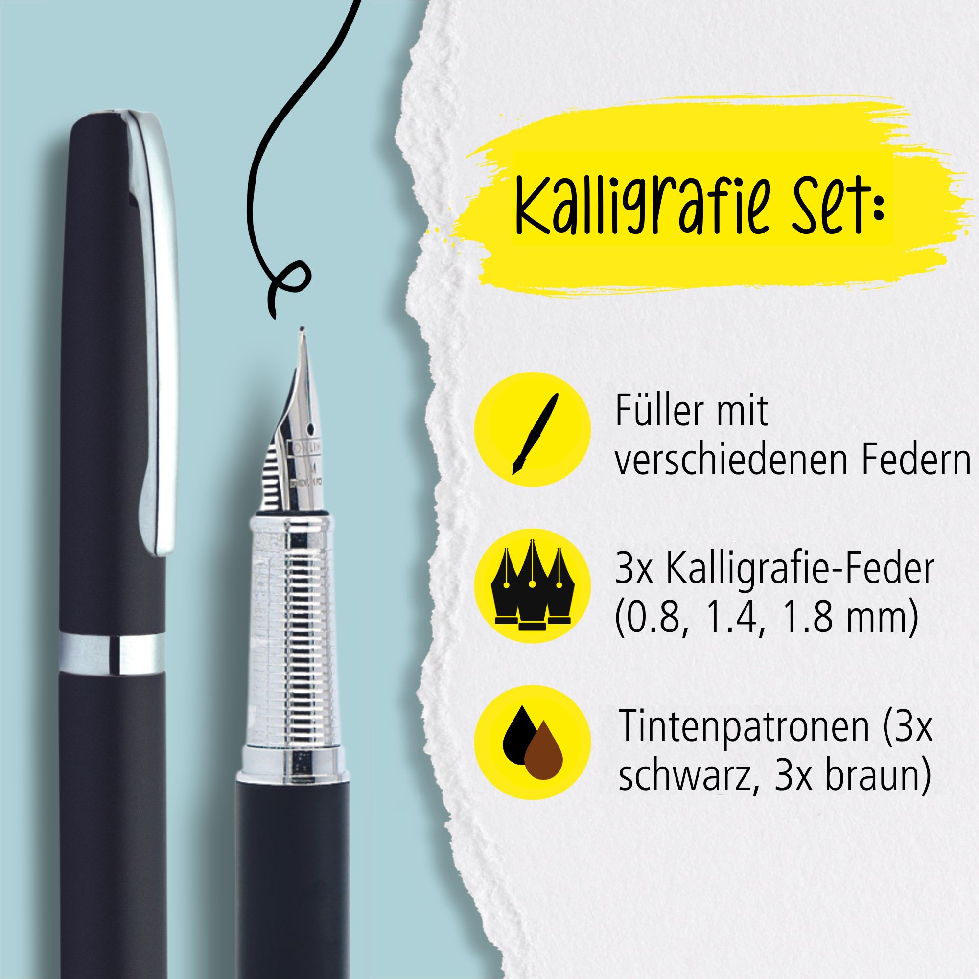 Füller-Set mit 3 verschiedenen Federn inklusive Patronen