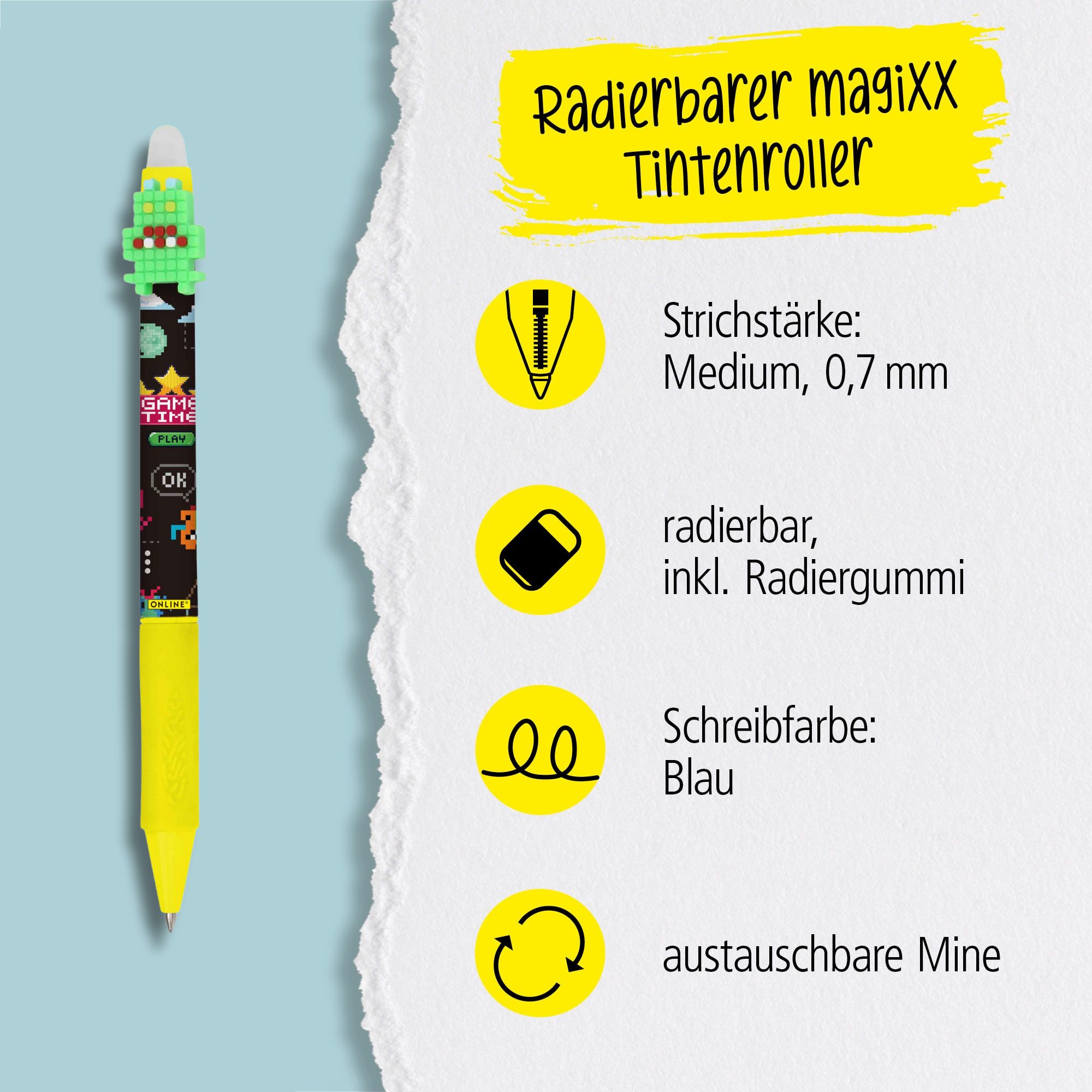 Eine austauschbare Mine und radierbare Tinte in der Schreibfarbe Blau zeichnet unsere magiXX aus