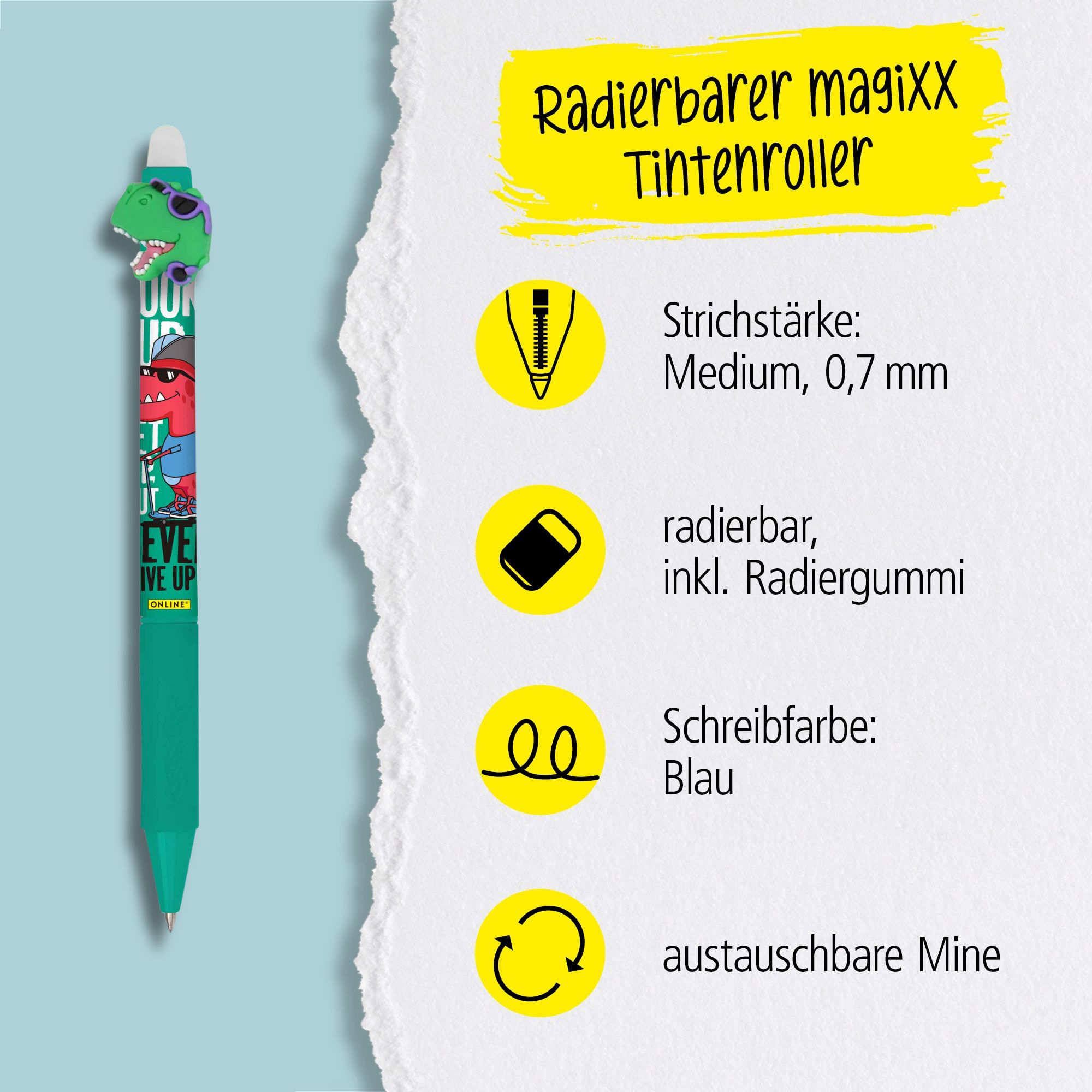 Eine austauschbare Mine und radierbare Tinte in der Schreibfarbe Blau zeichnet unsere magiXX aus