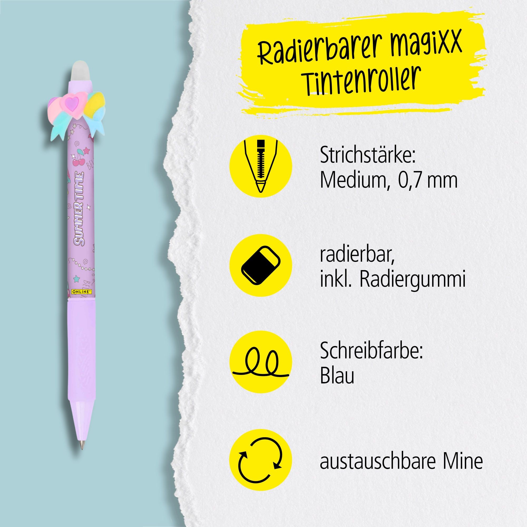 Eine austauschbare Mine und radierbare Tinte in der Schreibfarbe Blau zeichnet unsere magiXX aus