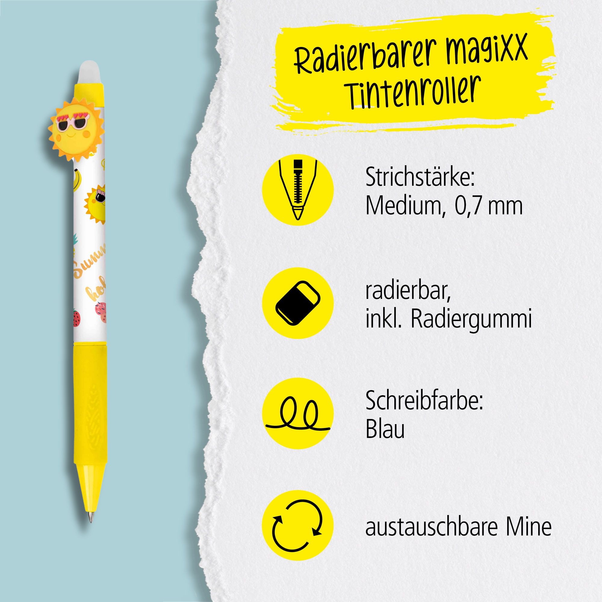 Eine austauschbare Mine und radierbare Tinte in der Schreibfarbe Blau zeichnet unsere magiXX aus