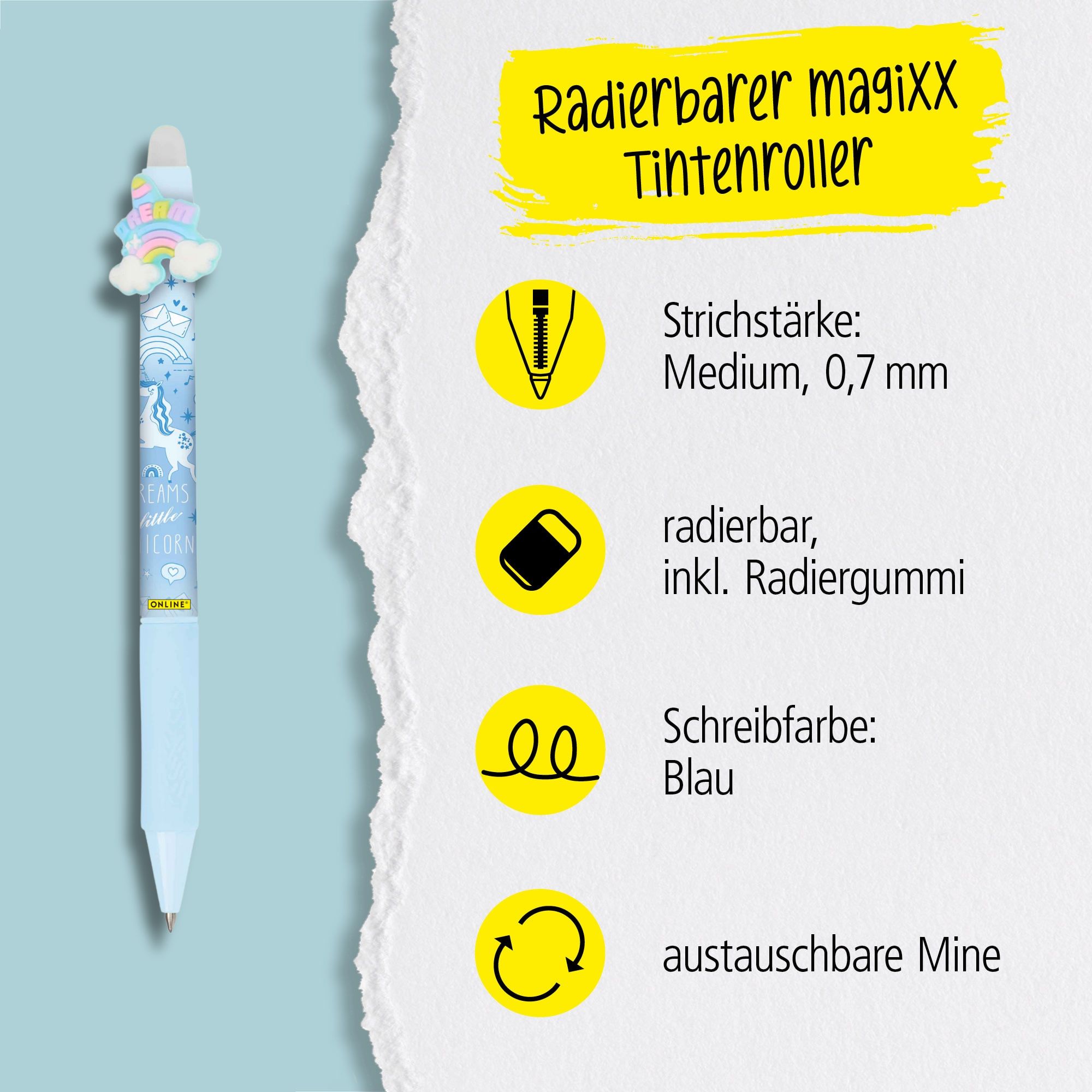 Eine austauschbare Mine und radierbare Tinte in der Schreibfarbe Blau zeichnet unsere magiXX aus