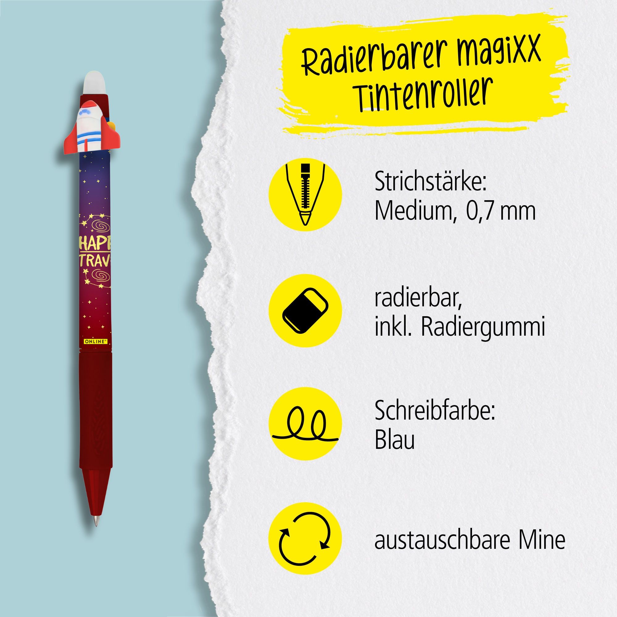 Eine austauschbare Mine und radierbare Tinte in der Schreibfarbe Blau zeichnet unsere magiXX aus