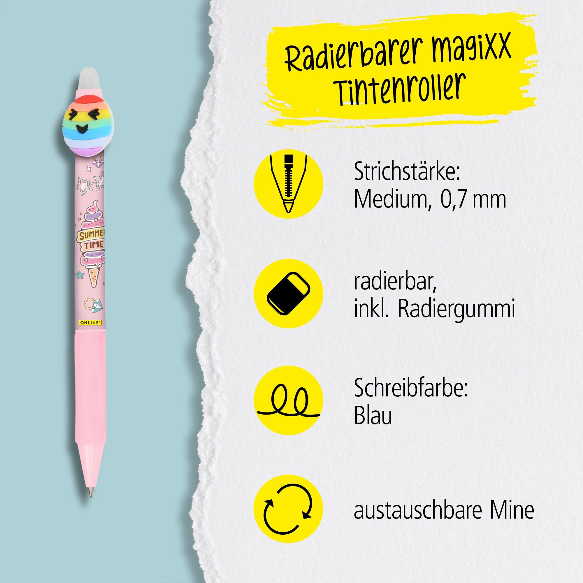 Eine austauschbare Mine und radierbare Tinte in der Schreibfarbe Blau zeichnet unsere magiXX aus