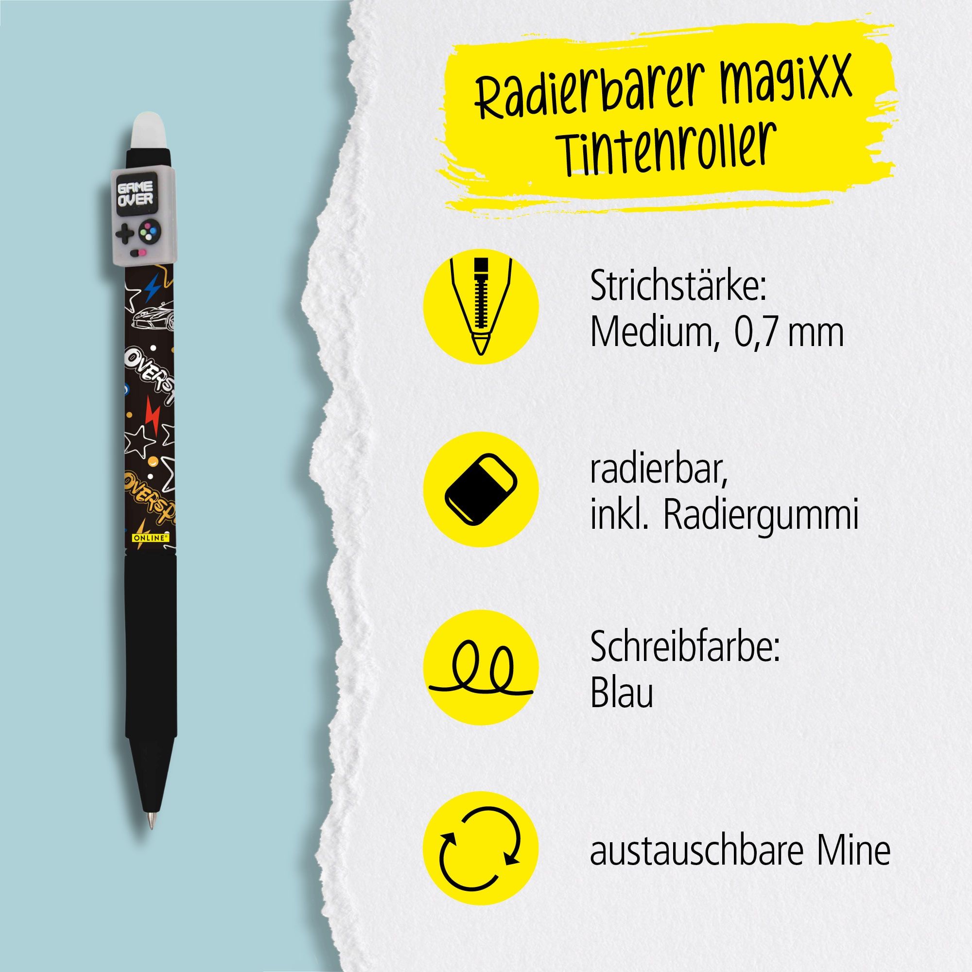 Eine austauschbare Mine und radierbare Tinte in der Schreibfarbe Blau zeichnet unsere magiXX aus